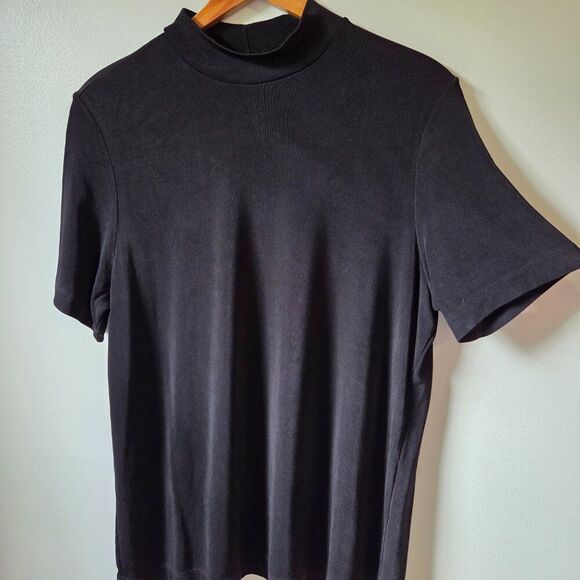 EUC PICADILLY FASHIONS BLACK SLINKY MOCK NECK SHORT SLEEVES TOP LARGE - Picture 2 of 15